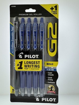 5 pk Pilot G-2 Retractable Gel ROLLER Pens FRIXION BOLD POINT 1.0MM BLUE 22996