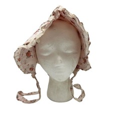 Vintage Womens Pink Floral Pioneer Bonnet Ruffled Edge Tie Retro Cottagecore