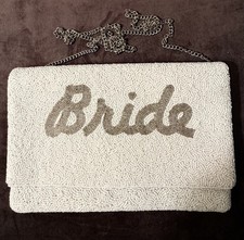White Silver Beaded Bride Bridal Clutch Bag Purse w/ Chain Strap