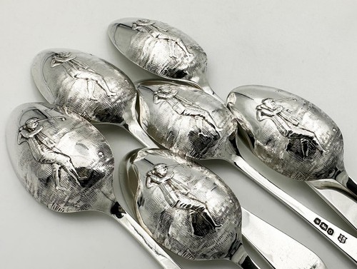 SET 6 NEUHEIT GOLF BILD RÜCKSEITE KAFFEELÖFFEL STERLINGSILBER 1931 T BRADBURY - Bild 2 von 13