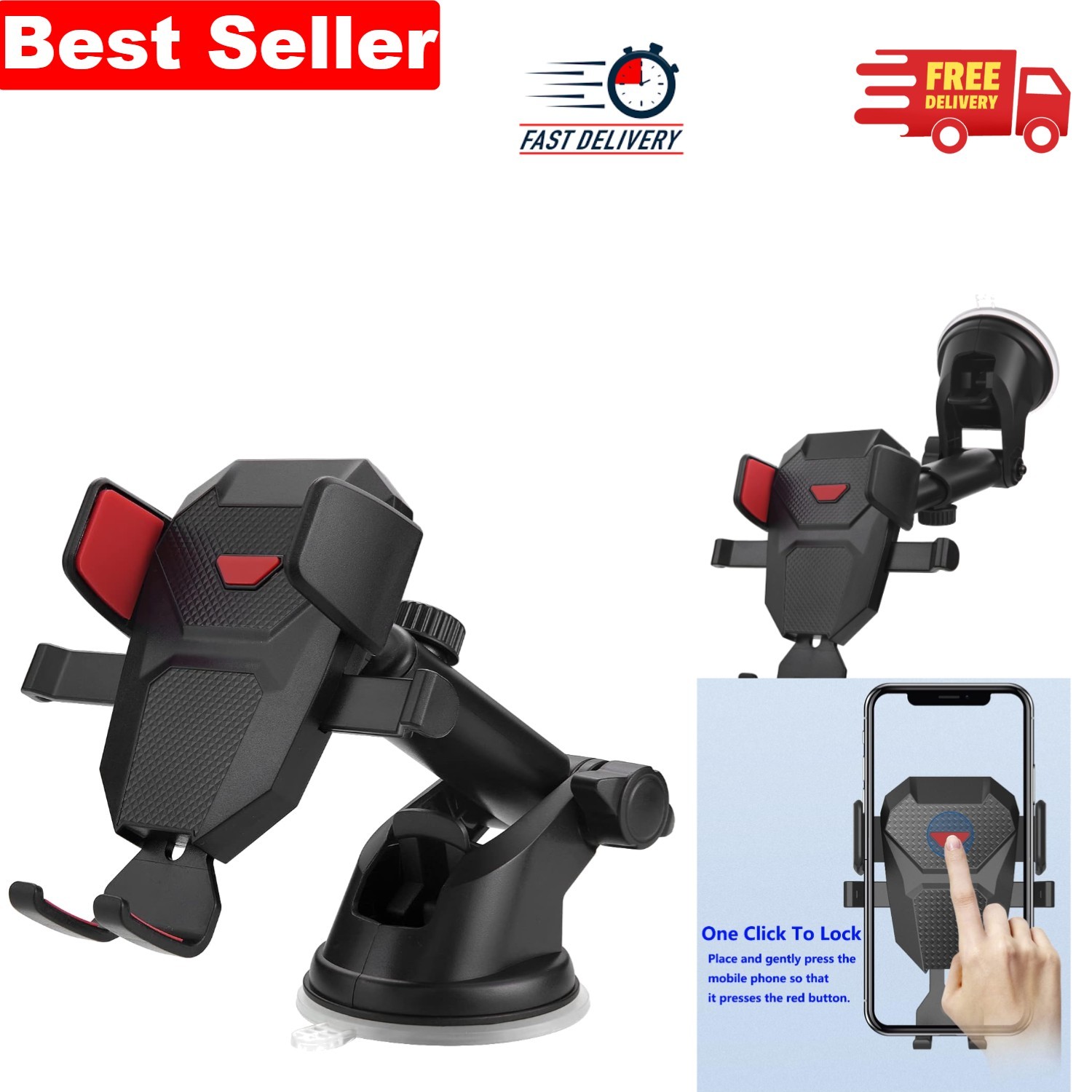 Red Car Phone Holder - Adjustable Dashboard Mount for 4.0-6.7'' Smartphones
