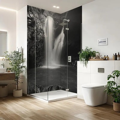 Duschrückwand Aluverbund Ecklösung Ecke Gitgit Wasserfall Bali 857 schwarz-weiß