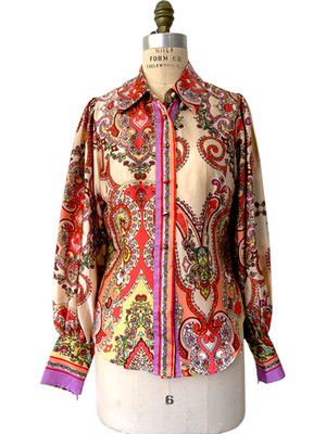 Italian 60s Floral Bell Sleeve Button Top S Festival Fairy Y2K Psychedelic