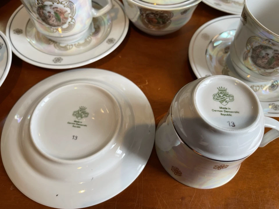 Jlmenau DDR Kaffeeservice Teeservice 6 Personen Perlmutt mit Motiven Barock Rar - Bild 4 von 4