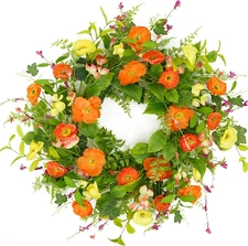 Furuisin Artificial Spring Summer Wreath for Front Door Poppy Wreath with Green 