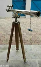 64" Nautical Antique Floor Standing Brass Telescope With Wooden Tripod Stand
