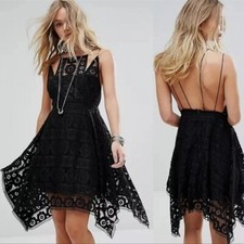 Free People Black Lace Halter Top Spaghetti Strap Mini Dress Women's SIZE 6
