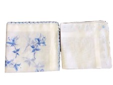 Vtg Set Of 2 White/Blue Cotton Hankies Blue Color Flowers Scalloped Edge More NO