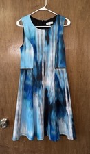 Calvin Klein blue abstract print sleeveless A-line dress with cute zipper detail