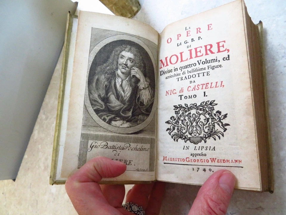 1739 MOLIERES OPERAS 3 VOLS  26 ENGRAVED PLATES vellum binding - Image 4 of 4