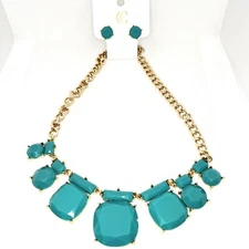 Charming Charlie Teal Faceted Bead Statement Gold Tone Chain Necklace & Earrings