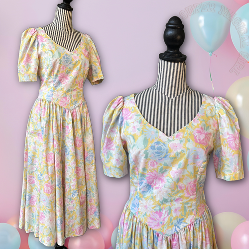 Vintage 80s LAURA ASHLEY Yellow Floral Sweetheart Puff Sleeve Midi Dress Size M