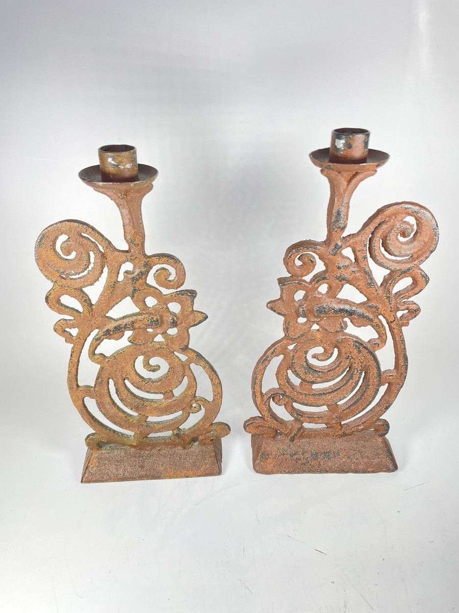Vintage Antique Rustic Candle Holder Set of 2 Matching Cast Iron