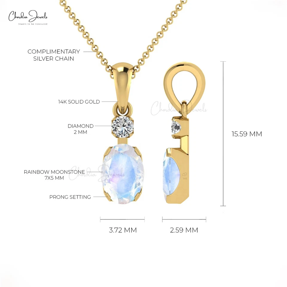 Collar Colgante Piedra Lunar Arco Iris Natural Oro Sólido 14k Diamante Dije Joyería Foto 4 de 4