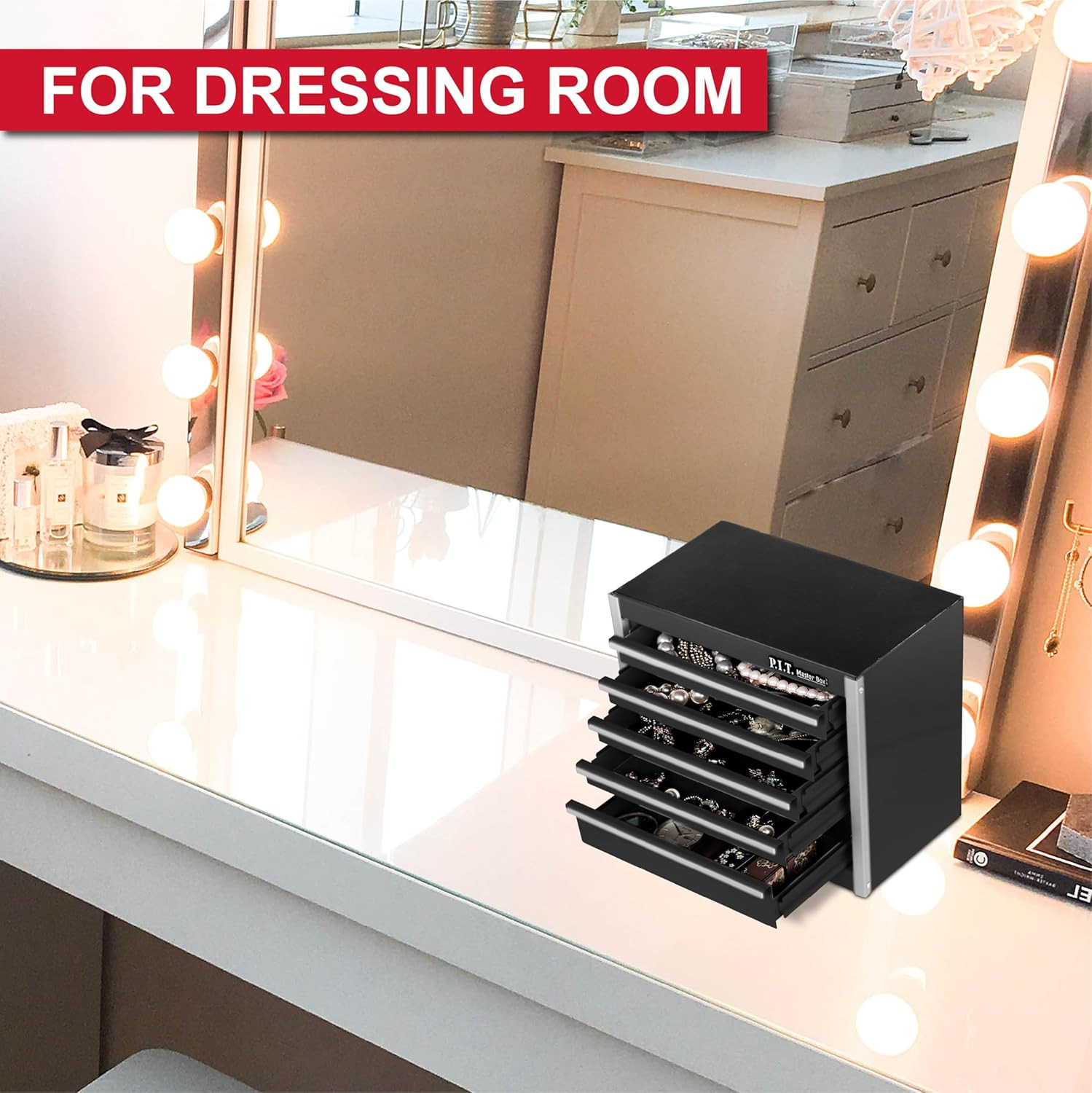 P.I.T. Mini Black Tool Box, Portable 5-Drawer Micro Roll Cab Steel Stackable Too