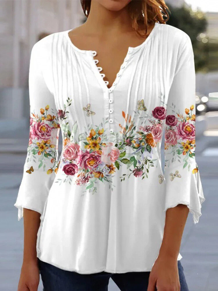 Women's V Neck Floral Tunic Tops T-Shirt Ladies Long Sleeve Casual Loose  Blouse~ | eBay