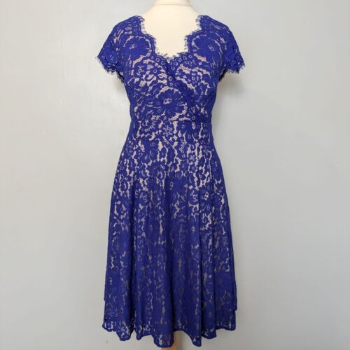 Eliza J Dress 10 Blue Lace Overlay Fit & Flare Cap Sleeve Colbalt Occasion. - Picture 2 of 7