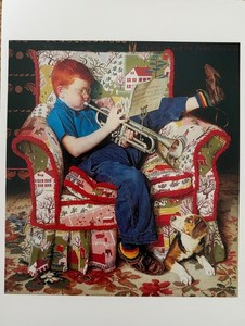 TRUMPET -  Postcard - Norman Rockwell- Red Haired Boy practicing trumpet (1950)