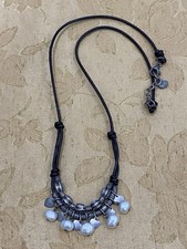 Tica Rosa Sterling Silver Dangling Hearts & Pearl Necklace Leather Beads 18”