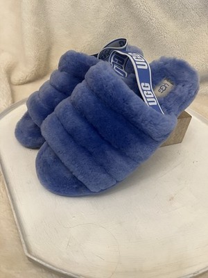 UGG Fluff Yeah Slide Fur Slippers Women's Size 9 Blue Slip On Shoes Sheepskin