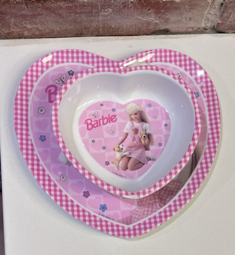 Vtg 90’s Barbie Heart Shaped Plate & Bowl Set Pink Gingham Border Melamine