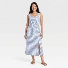 A New Day Midi Dress Womens Large Blue Striped Sleeveless Side Knot Twist Slit