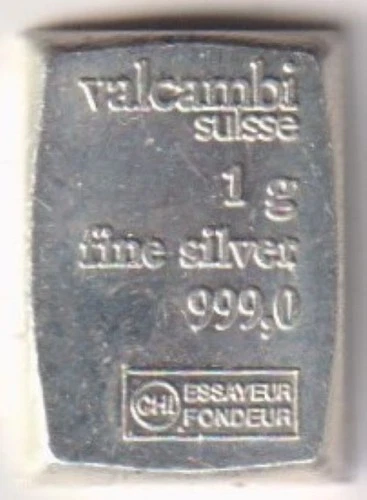 VALCAMBI SUISSE 1 GRAM .999 FINE SILVER 99% SILVER SWITZERLAND INGOT BULLION BAR