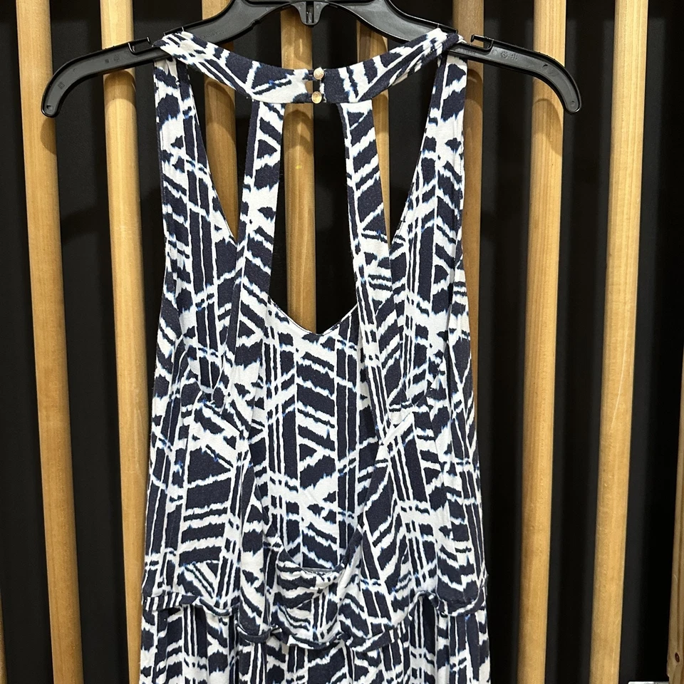 Maxi Vestido Tart Mujer Grande Azul Blanco Estampado Geométrico Sin Mangas Espalda Abierta Foto 4 de 4