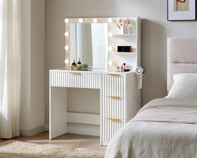 36.2'' Fluted Vanity Desk with Mirror and Adjustable LED Lights 4 Drawers Makeup