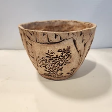 Carved Plants & Flowers Textured Handmade Stoneware Planter Unglazed Pottery