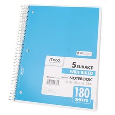 Mead Spiral Notebook, Wide Ruled, 5 Subject, 180 Sheets