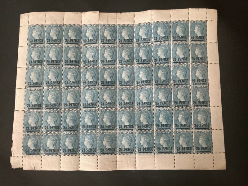 ST VINCENT STUNNING FULL SHEET QV SG49 MILKY BLUE OVERPRINT