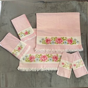 Vintage Pink Floral Towel Set 6 Pc 100% Cotton Cottagecore Shabby Chic Bath Wash