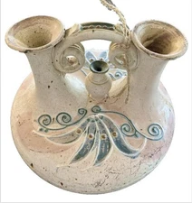 Vintage Mexican pottery 2 spout wedding ewer signed by Olma large