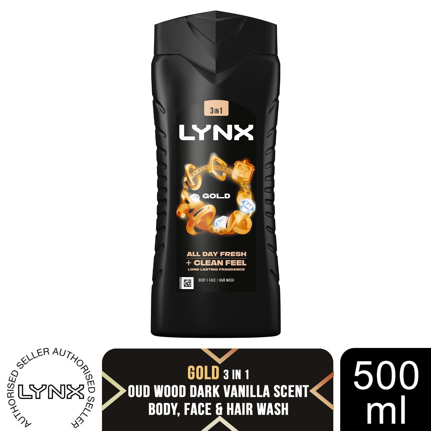 Lynx Gold Mens Shower Gel 500ml 12H Freshness 3in1 Body Face Hair Wash
