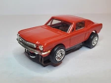 MUSTANG 2+2 RED, ATLAS Tjet HO Slot Car,AURORA CHASSIS, CHROME RIMS NEW TIRES
