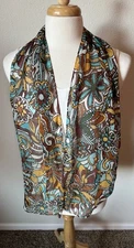 Cejon Silk Scarf Vintage Mod Retro Floral Sheer Long Chiffon Gold Thread 14 X 64