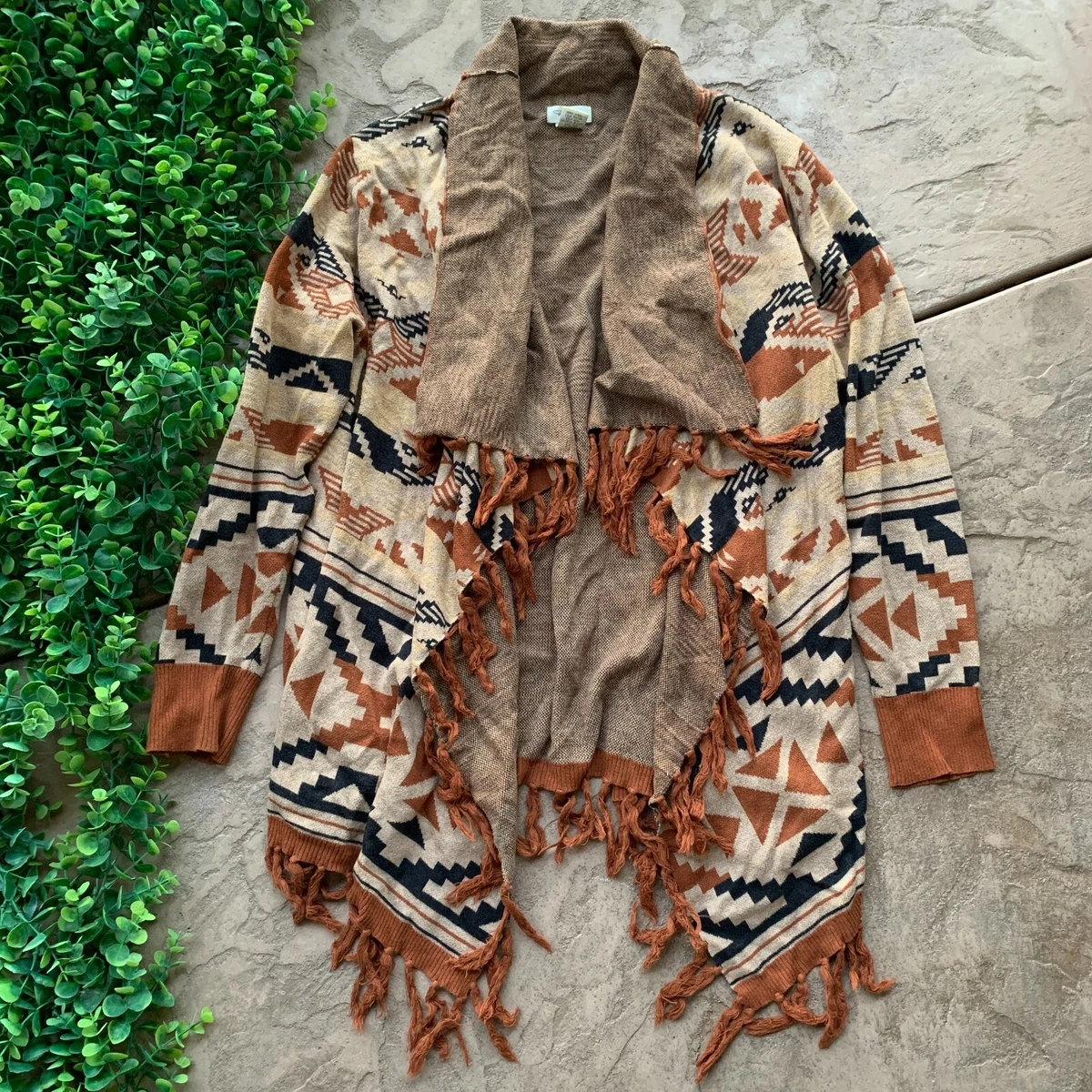 Tasha Polizzi Southwest Aztec Fringe Beige Knit Cardigan Duster