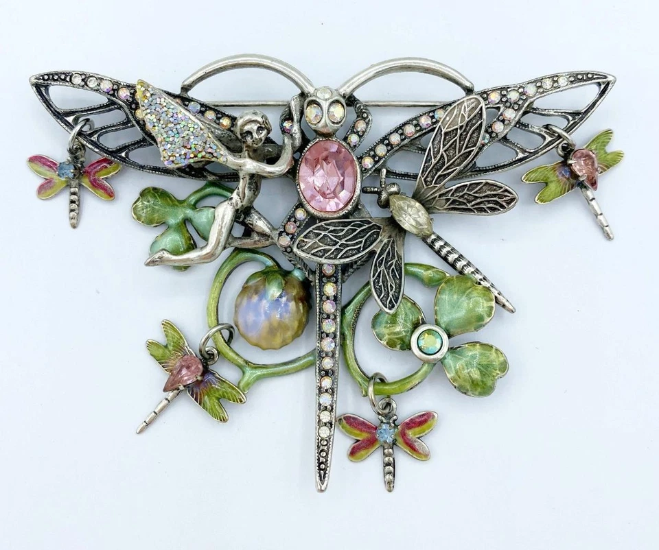 Kirks Folly Large Silver-Tone Rhinestone & Enamel Dragonfly Fairy Pin w Dangles
