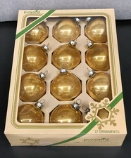 12 Vintage MCM Rauch Glass Ball Gold Christmas Ornaments in Original Box