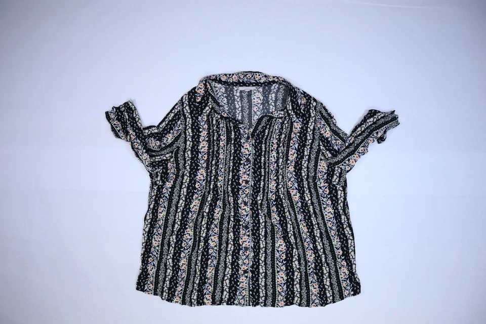 Женщина внутри женщин черный цветочный полоски коротким рукавом рубашка блузка на пуговицах 4 X - Изображение 3 из 4