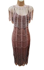 UK 8 Karen Millen 1 VINTAGE PINK BROWN BEADED CROCHET GATSBY 20'S FLAPPER DRESS