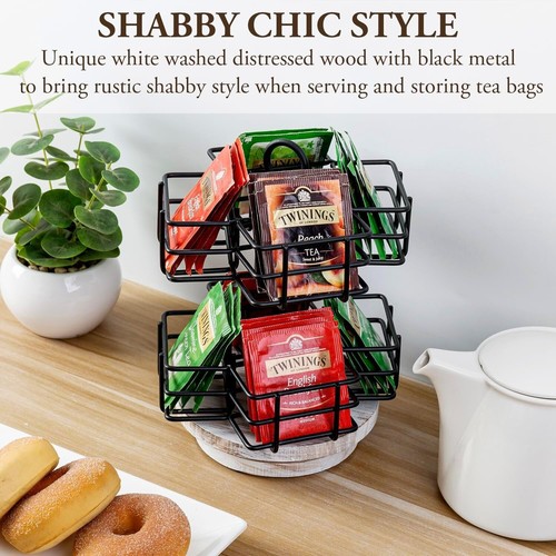 8 Slots Black Metal and White Wood Carousel Style Tea Bag Organizer Rack Display - Picture 3 of 7