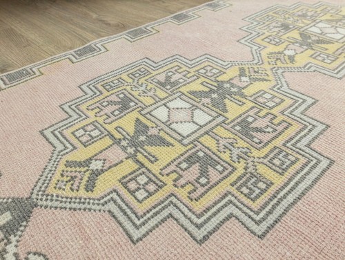 Blush Pink Oushak Runner Rug 2.4x7.2 ft – Butter Yellow – Japandi Cottage Decor - Picture 9 of 12