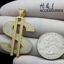MEN 925 STERLING SILVER ICY BLING CZ GOLD PLATED DOLLAR SIGN  PENDANT AGP184