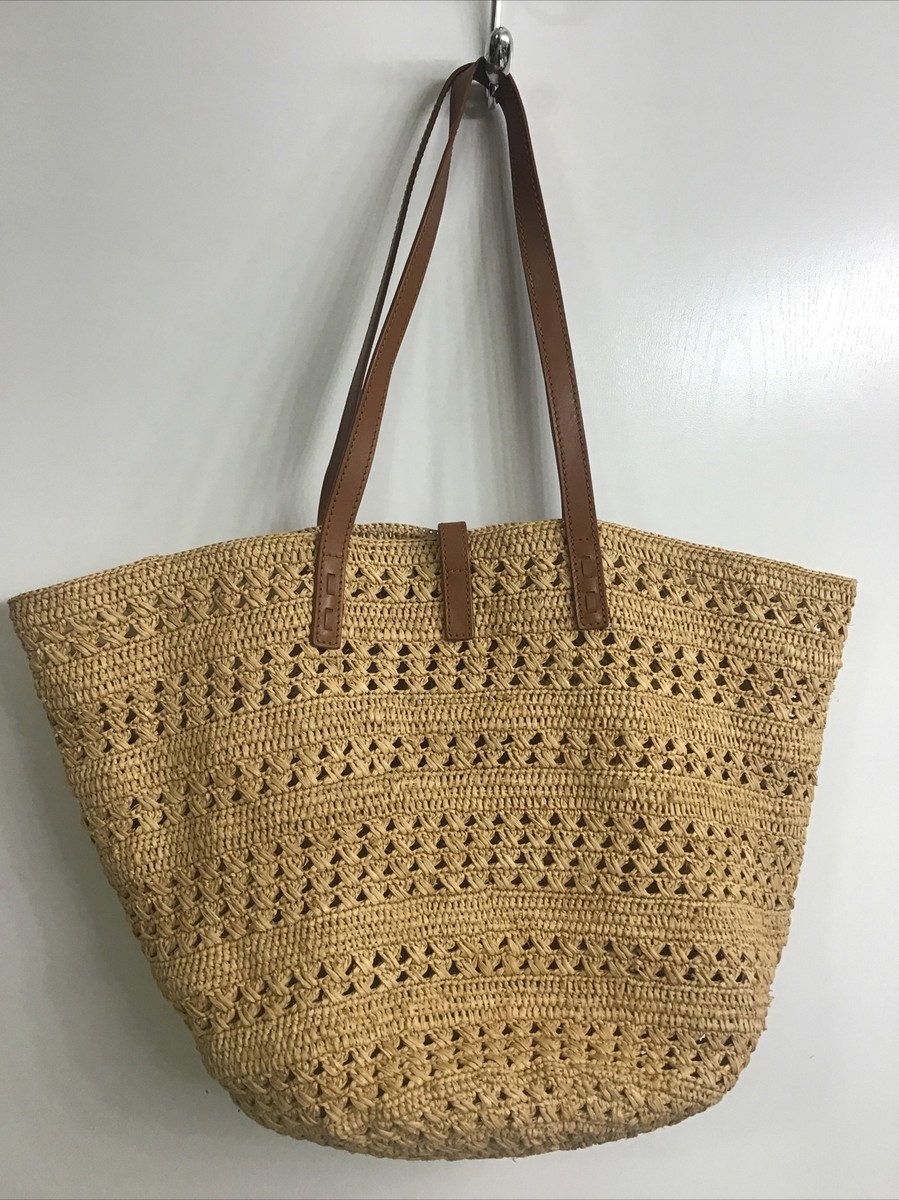 VIP価格.Saint Laurent BORSA SHOPPING IN RAFIA ysl bag Beige Open Raffia Panier Tote Leather Brown Straps