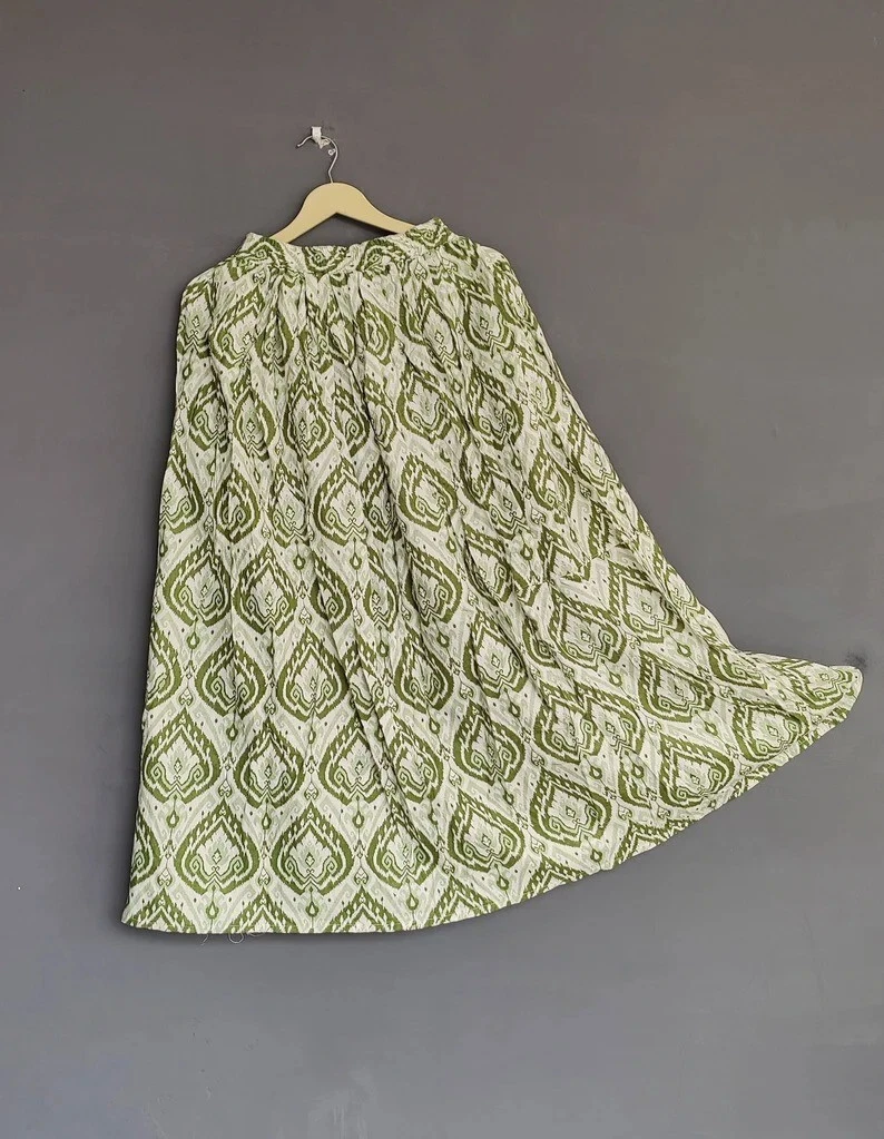 Indian Green Ikat Print Skirt Cotton Skirt, Long Skirt, Free Size Beach Wear AU
