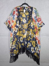 Multicolor Floral Kimono One Size Fits Most SO Sheer Fringed Open Swim Cover