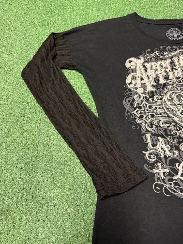 Camisa de mujer Affliction manga larga grande negra manga transparente estrás de colección Y2K Foto 4 de 4