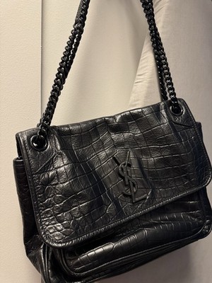 Saint Laurent Black Croc-Embossed Flap Shoulder Bag w/ Chain Strap, Magnetic